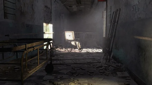 Silent Hill: Homecoming art: a decayed hospital corridor with a rusted bed frame and a wheelchair in a shaft of light