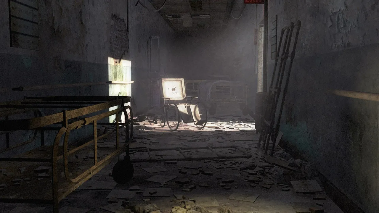 Silent Hill: Homecoming art: a decayed hospital corridor with a rusted bed frame and a wheelchair in a shaft of light