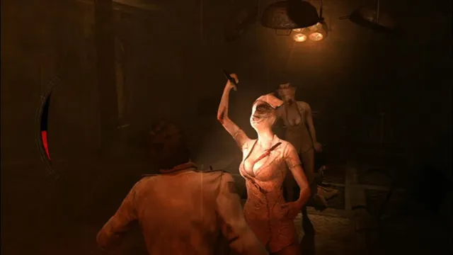 Alex facing a faceless nurse raising a scalpel in a dim operating room