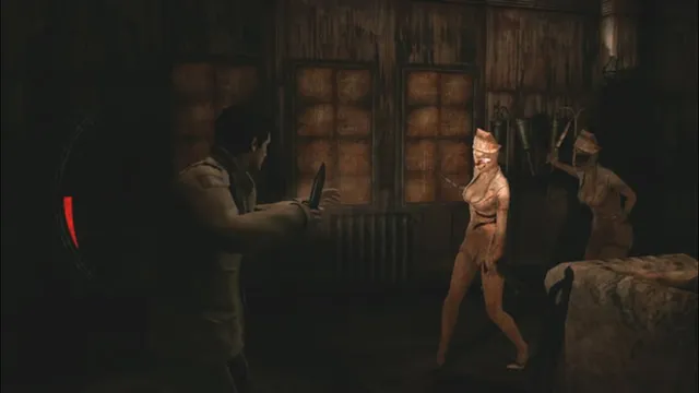 Alex holding a knife as two faceless nurses approach in a wood-panelled room