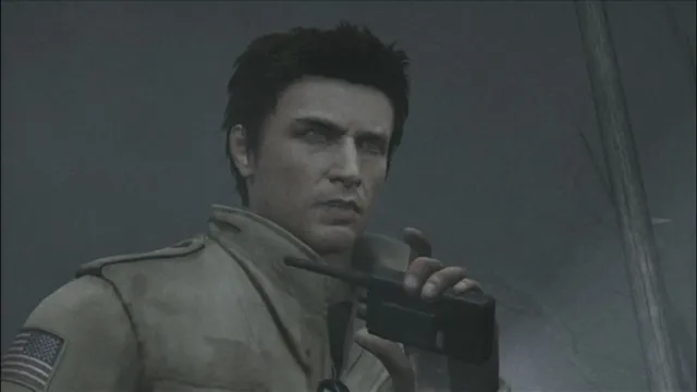Alex Shepherd in a military jacket holding a radio in the fog