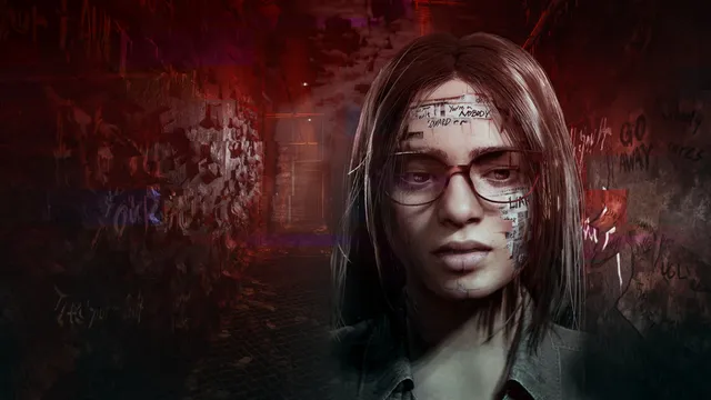 SILENT HILL: The Short Message key art: Anita in glasses with scrawled notes stuck to her face, against a red wall of graffiti