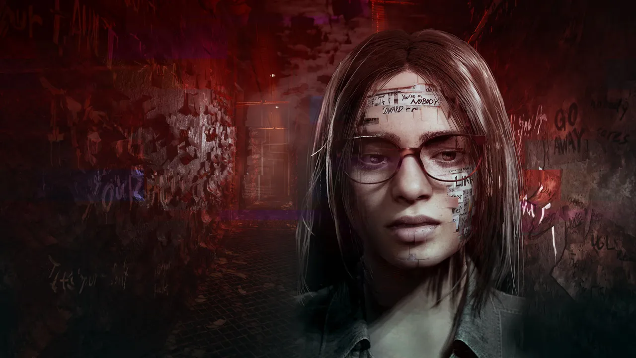 SILENT HILL: The Short Message key art: Anita in glasses with scrawled notes stuck to her face, against a red wall of graffiti