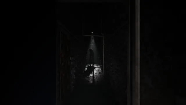 A long dark corridor in the apartment block with a lone figure under a light at the far end
