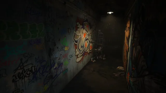 A grimy corridor in the abandoned building, its walls covered in graffiti under a single ceiling light