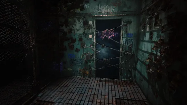 A door wrapped in barbed wire at the end of a tiled corridor plastered with notes