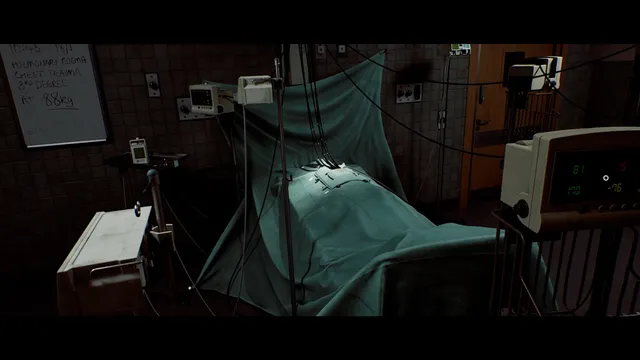 SILENT HILL: Townfall screenshot: a sheeted operating table among monitors in a dim tiled room