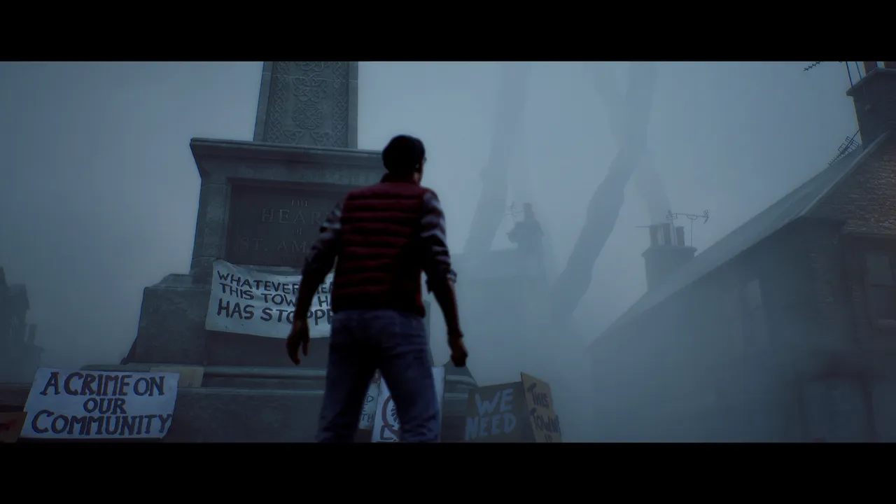 SILENT HILL: Townfall screenshot: Simon walks toward a stone monument in a foggy square hung with protest banners