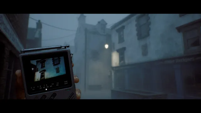 SILENT HILL: Townfall screenshot: a hand holds up the CRTV pocket television in a fog-filled street