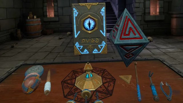 Silent Slayer: Vault of the Vampire screenshot: the slayer's tools laid out on a table, a pry bar, clippers and stakes, below a floating book with an eye on its cover