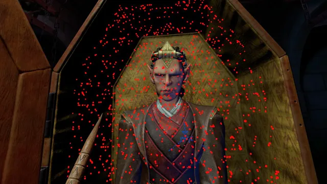 Silent Slayer: Vault of the Vampire screenshot: a pointed-eared vampire in an open coffin surrounded by drifting red sparks, a stake in the foreground