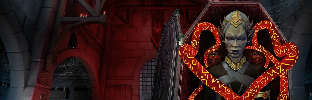 Silent Slayer: Vault of the Vampire key art: a pale crowned vampire sleeps upright in an open coffin, wrapped in glowing red bands covered in runes