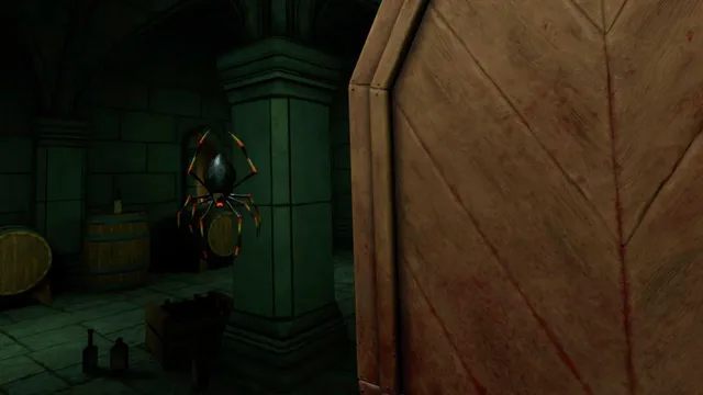 Silent Slayer: Vault of the Vampire screenshot: a large red and black spider hangs in a dim green castle cellar beside a coffin lid
