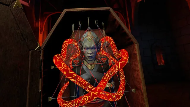 Silent Slayer: Vault of the Vampire screenshot: a sleeping vampire in a coffin behind a web of wires and glowing red rune bands
