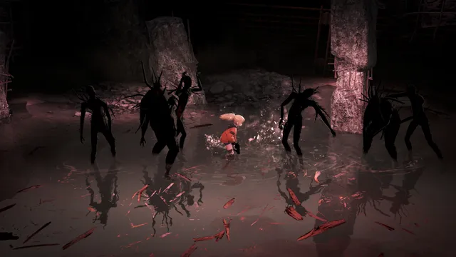 Seen from above, Polly stands in shallow dark water surrounded by spindly black silhouette monsters