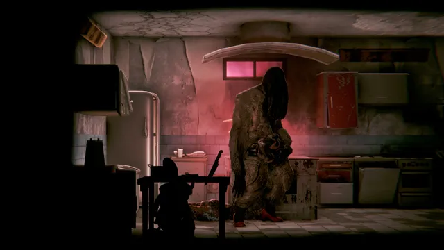 A hulking hooded figure looms in a dim, ruined kitchen lit by a red window