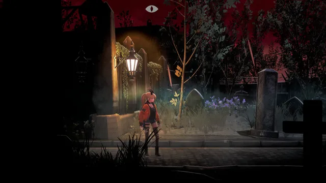 Polly walks a lamplit graveyard path under a red sky, with gravestones and bare trees around her