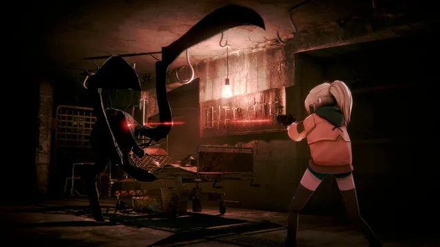 Polly in an orange jacket aims a pistol at a tall shadowy creature with a hooked blade and red eyes in a dark, cluttered room