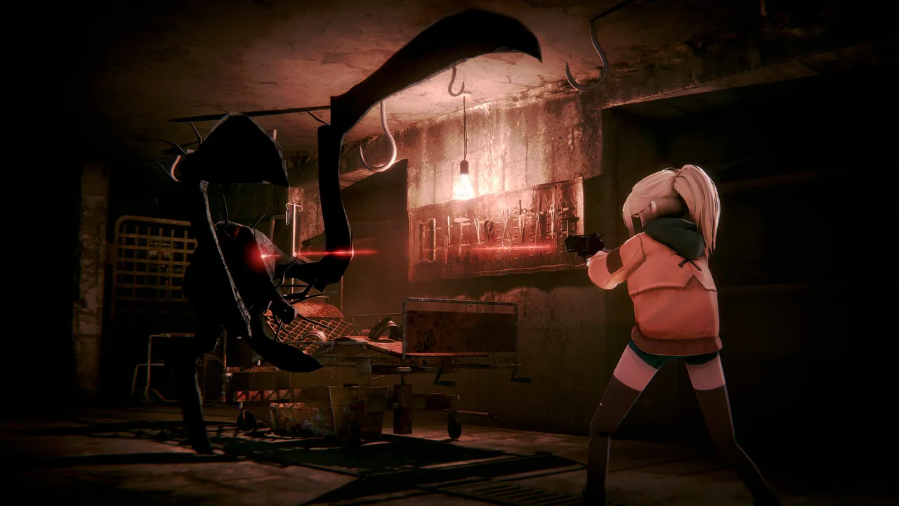 Polly in an orange jacket aims a pistol at a tall shadowy creature with a hooked blade and red eyes in a dark, cluttered room