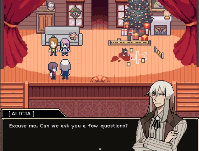 A pixel-art stage with a Christmas tree, a taped-off body outline and blood, as Alicia asks two people questions