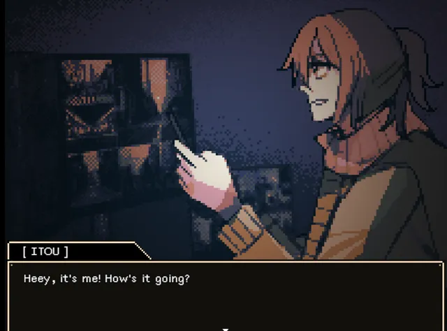 Itou, a woman in a green jacket and scarf, points at a dark poster