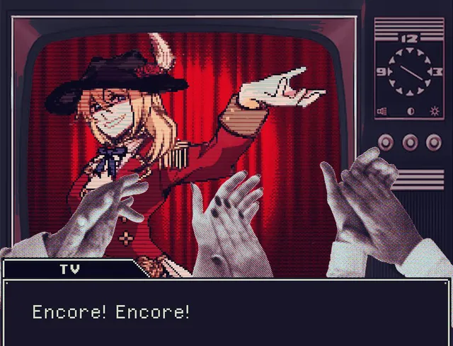 An old television shows a masked performer in a feathered hat against red curtains while pale hands clap, captioned Encore