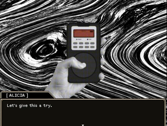 A hand holds a spirit box with a red display against swirling black-and-white lines as Alicia says Let's give this a try