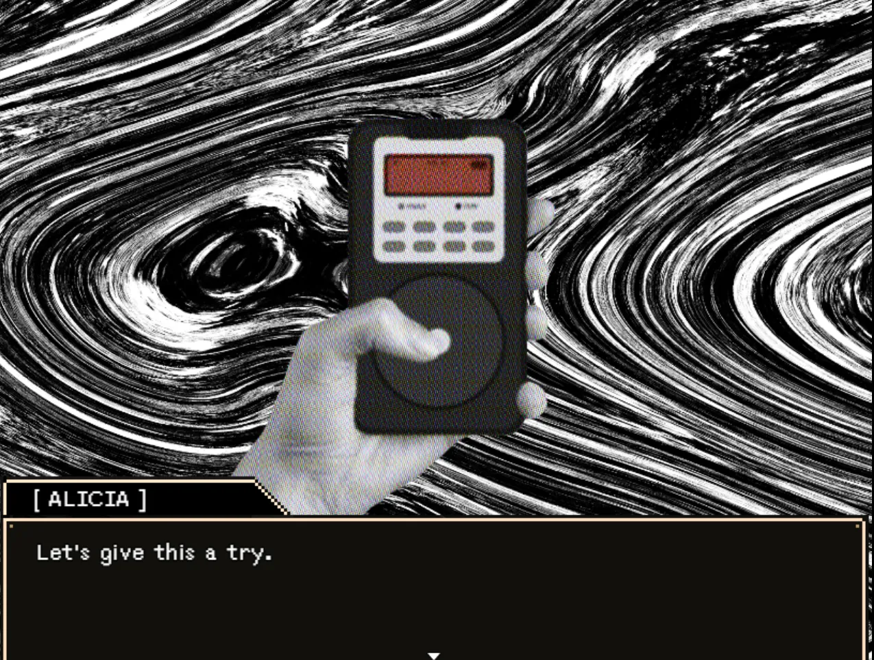 A hand holds a spirit box with a red display against swirling black-and-white lines as Alicia says Let's give this a try