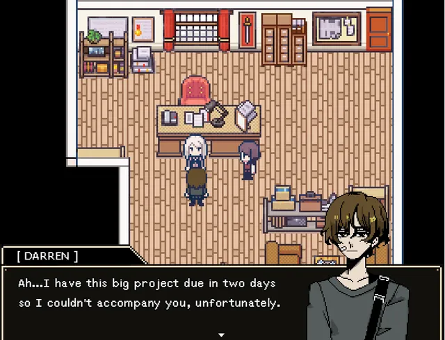 Three characters stand at a desk in a pixel-art office as Darren, a young man with glasses, says he cannot come along