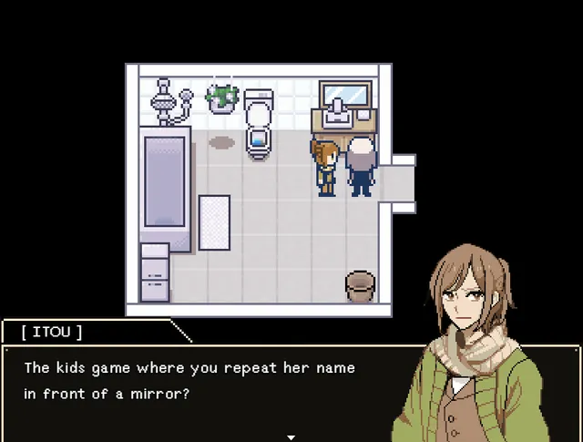Two characters in a small pixel-art bathroom as Itou mentions the kids' game of repeating a name in front of a mirror