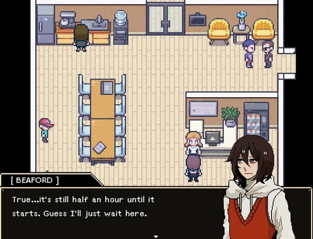 A busy pixel-art common room with a long table and people standing around, Beaford in a red sweater vest in the corner