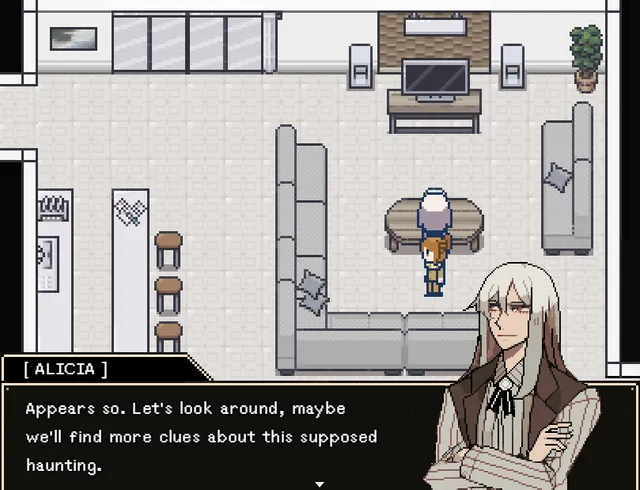 Alicia stands with arms crossed beside a pixel-art living room, saying they should look for clues about this supposed haunting