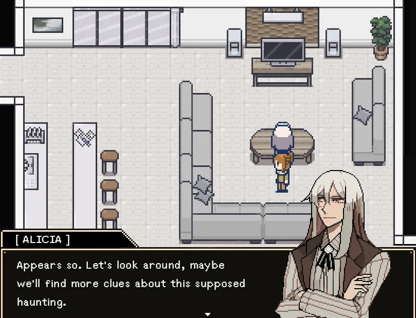 Alicia stands with arms crossed beside a pixel-art living room, saying they should look for clues about this supposed haunting