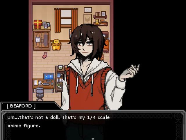Beaford, a dark-haired young man in a red sweater vest, stands in a doorway to a pixel-art bedroom