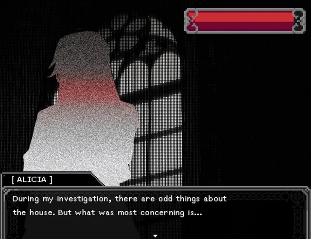 A grainy black-and-white silhouette tinged with red stands by an arched window under a red bar