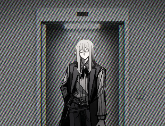 Alicia stands with eyes closed in front of an elevator door, drawn in grey halftone