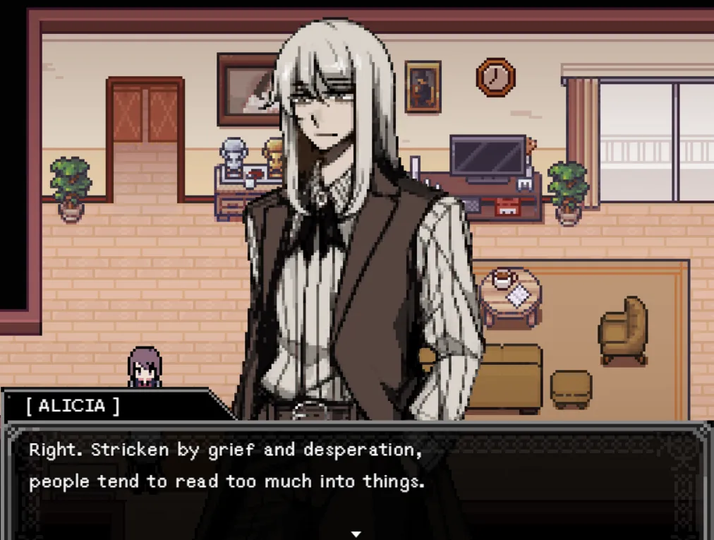 Alicia, a pale woman with long silver hair in a striped shirt and waistcoat, speaks in a client's pixel-art living room