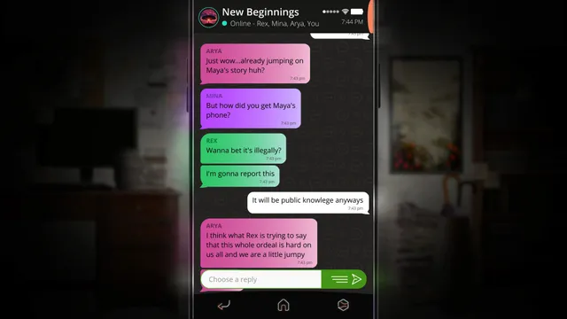 SIMULACRA 2 screenshot: a group chat called New Beginnings where Maya's friends ask how you got her phone