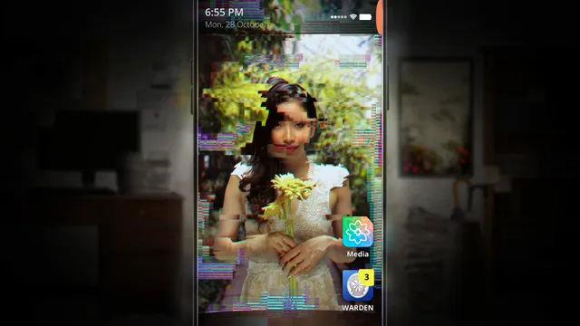 SIMULACRA 2 screenshot: the phone's home screen shows a photo of a woman with yellow flowers torn apart by digital glitches, with Media and WARDEN apps