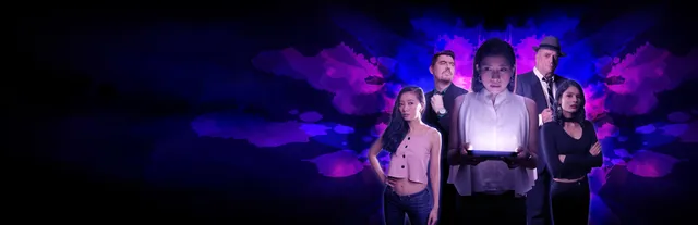 SIMULACRA 2 key art: a woman holding a glowing phone stands among four other characters against a purple ink-blot background