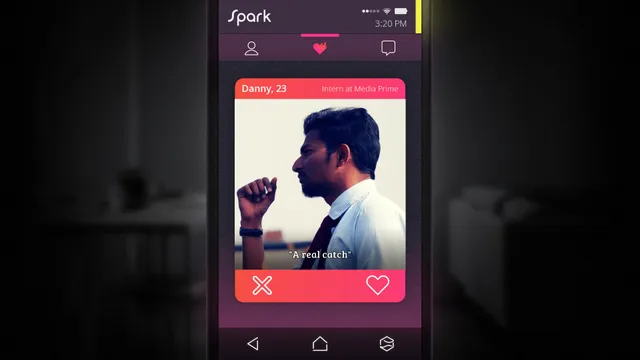 SIMULACRA screenshot: a dating app profile for Danny, 23, captioned A real catch, with swipe buttons