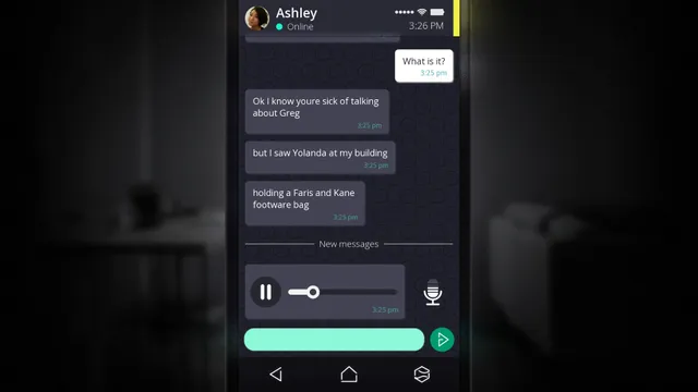 SIMULACRA screenshot: a chat with Ashley on the found phone, ending in a voice message about seeing someone at her building