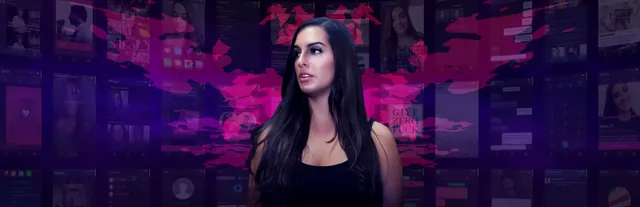 SIMULACRA key art: a dark-haired woman stands before a wall of phone screens showing apps, photos and chats, with pink streaks across them