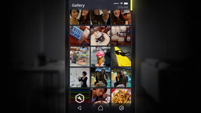 SIMULACRA screenshot: the phone's photo gallery of selfies and food pictures, one image corrupted with coloured lines