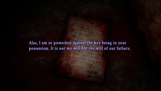 A bloodied handwritten page with the line: Alas, I am so powerless against the key being in your possession