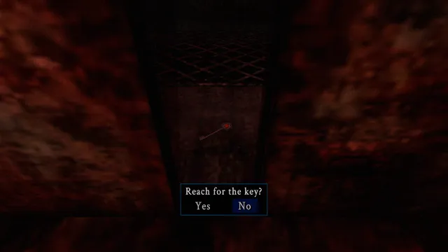 A dark red hole in a wall with a key inside and the prompt Reach for the key? Yes or No