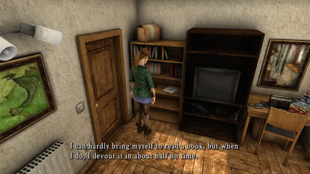 Abigail in her bedroom with a bookcase, a television and paintings, thinking about books