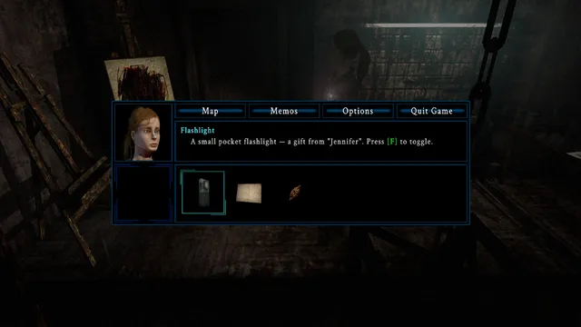 The inventory menu with Map, Memos and Options and a flashlight described as a gift from Jennifer