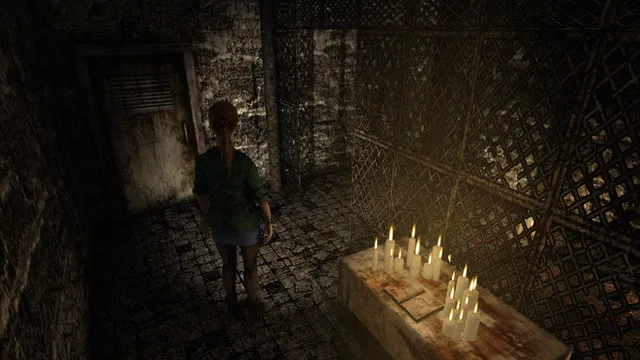 Simulacrum: Abigail stands in a rusted corridor with grated walls beside a stained altar covered in lit candles