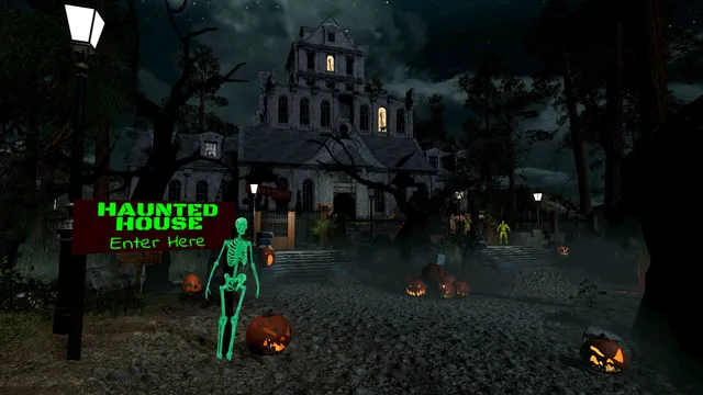 Sinister Halloween screenshot: a haunted house attraction at night with a green skeleton beside an Enter Here sign and jack-o'-lanterns